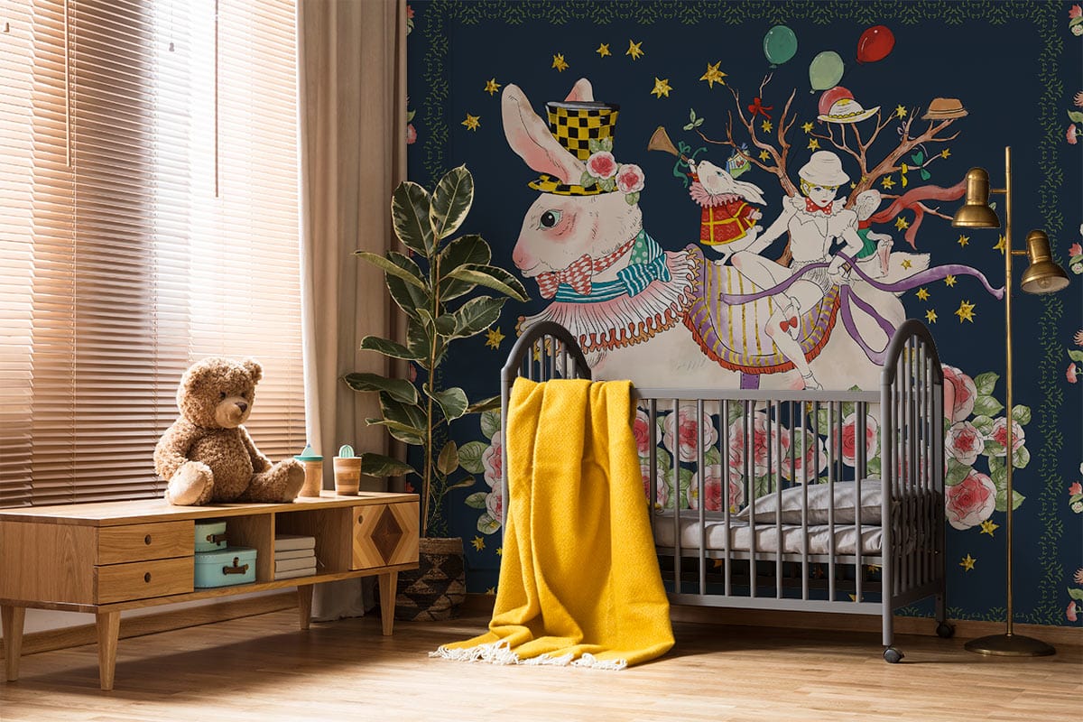 Whimsical Wonderland Rabbit Ride mural wallpaper in dark vintage colours, nursery with wooden flooring, crib.