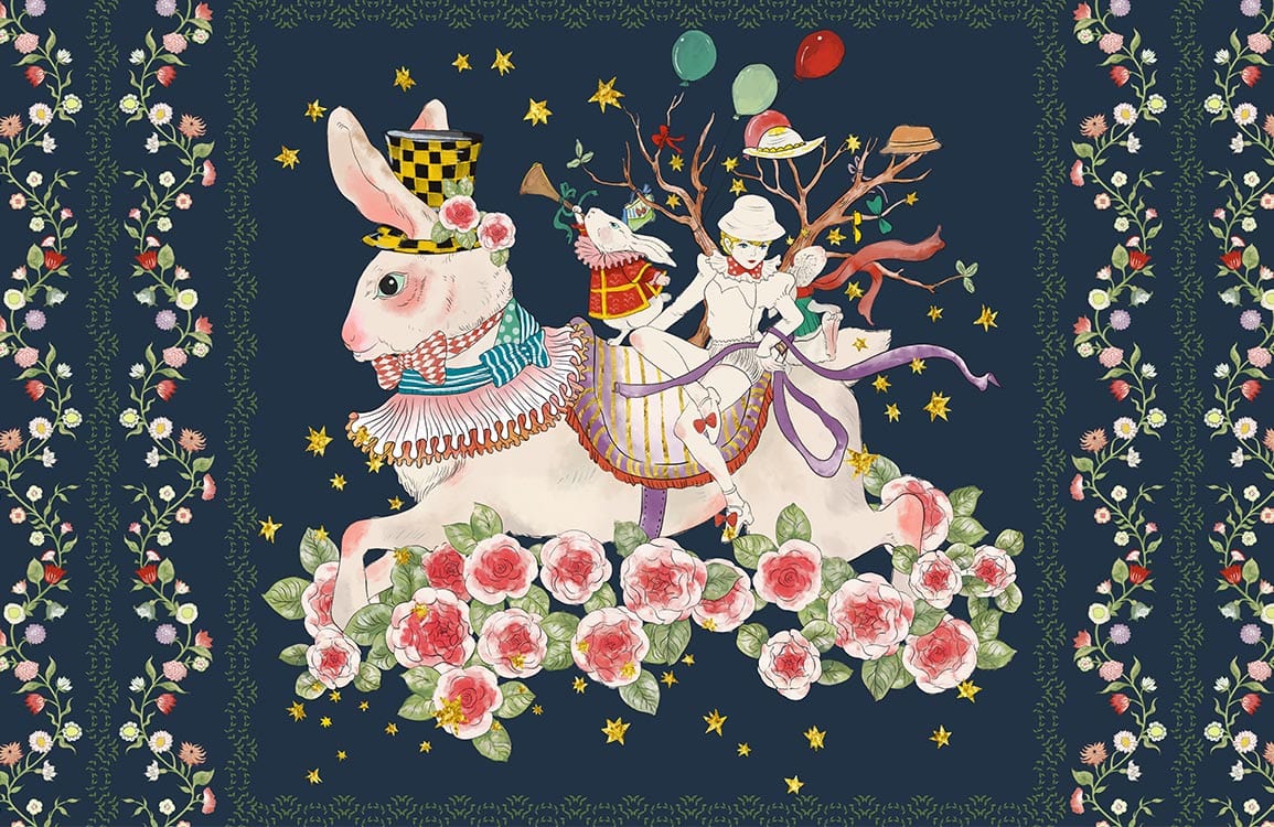 Whimsical Wonderland Rabbit Ride Mural Wallpaper in Dark Vintage Colours