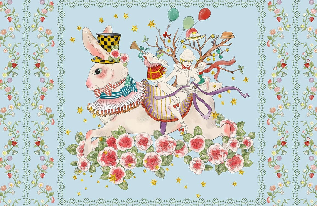 Whimsical Pastel Fantasy Rabbit and Floral Children's Mural Wallpaper Design