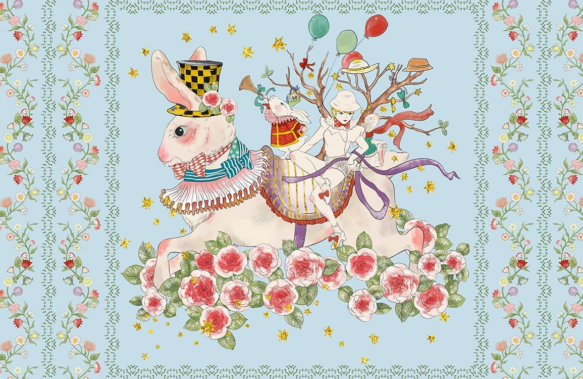 Whimsical Pastel Fantasy Rabbit and Floral Children's Mural Wallpaper Design