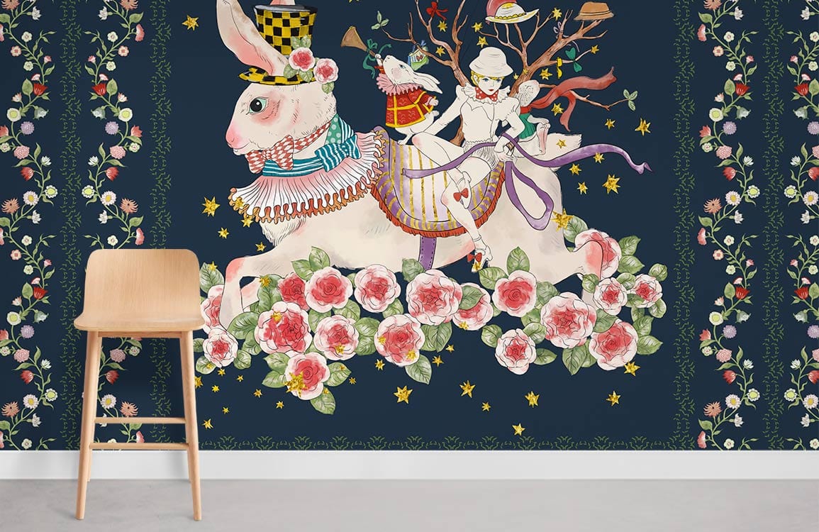 Rabbits Flowers & Girl Wallpaper Mural Room