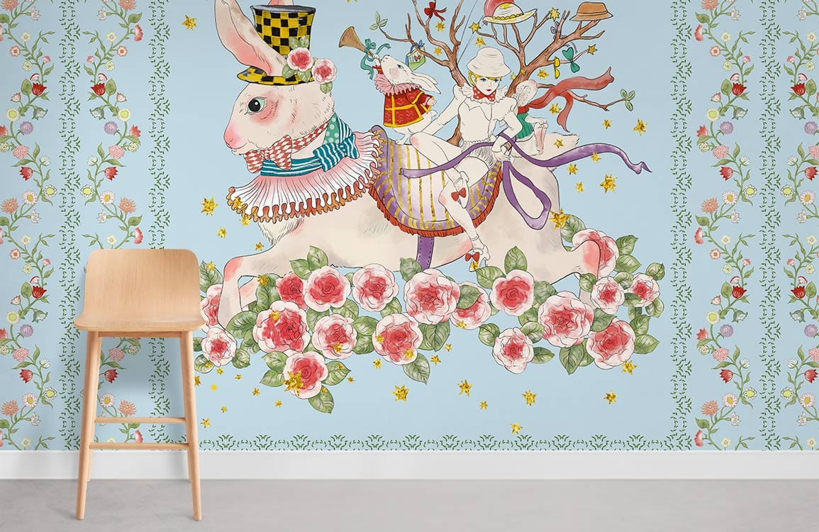 Rabbits Flowers & Girl ll Wallpaper Mural Room