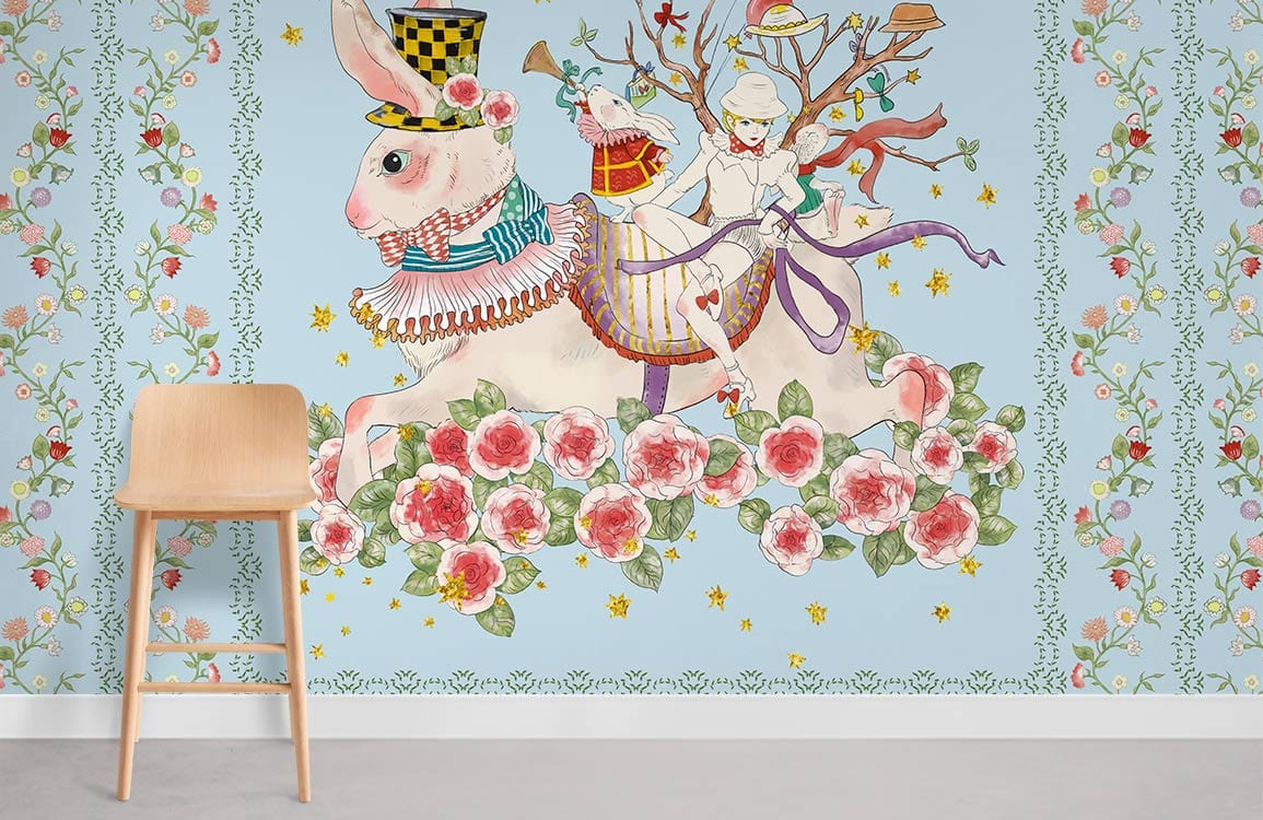Rabbits Flowers & Girl ll Wallpaper Mural