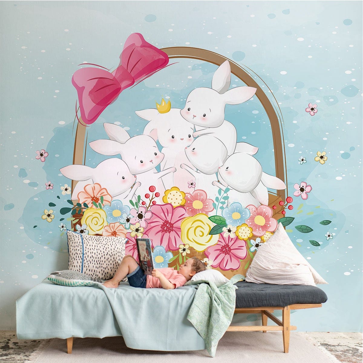 Whimsical Pastel Bunnies Mural Wallpaper for nurseries, light blue sofa, wooden flooring, cosy decor.
