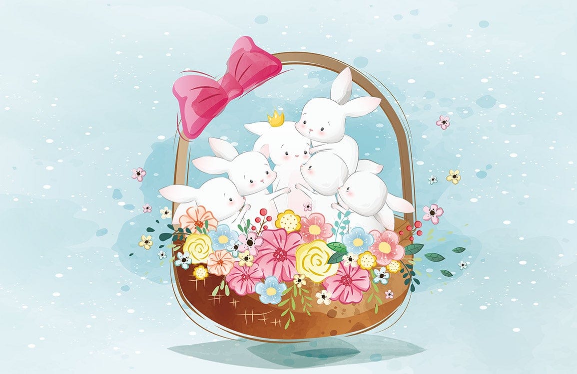 Whimsical Pastel Bunnies in Floral Basket Mural Wallpaper for Nurseries