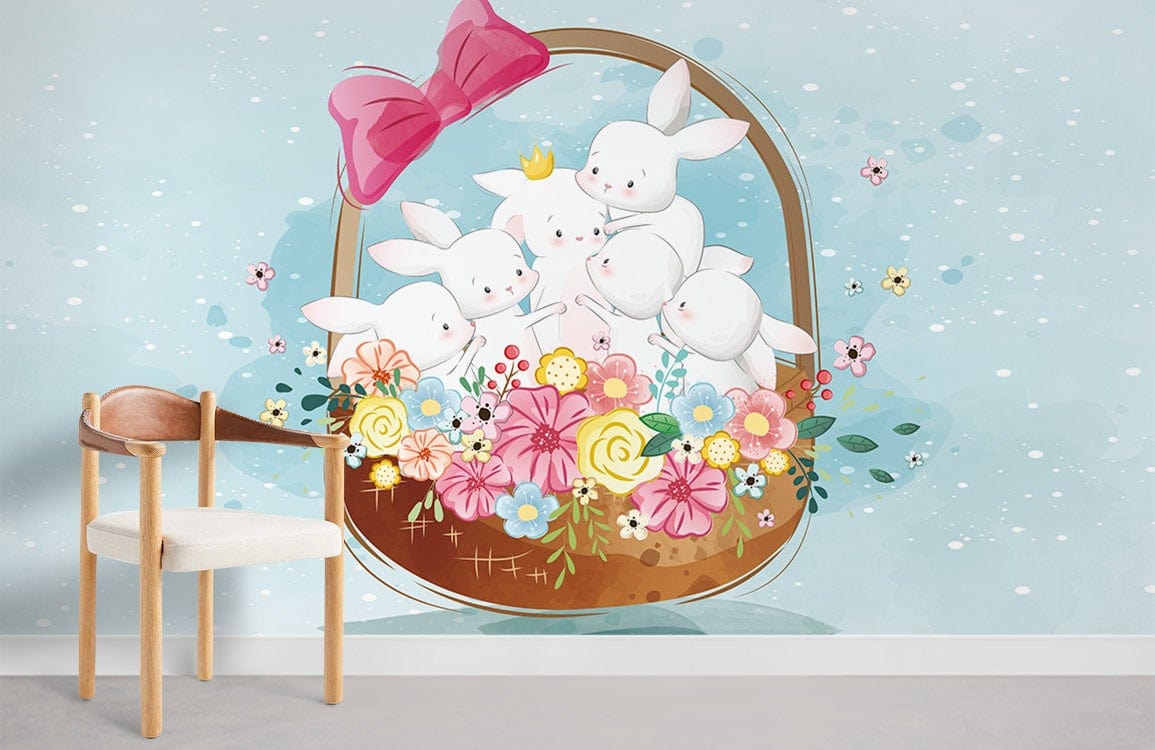 Whimsical Pastel Bunnies wallpaper for nurseries, featuring floral basket, light wooden chair, grey carpet.