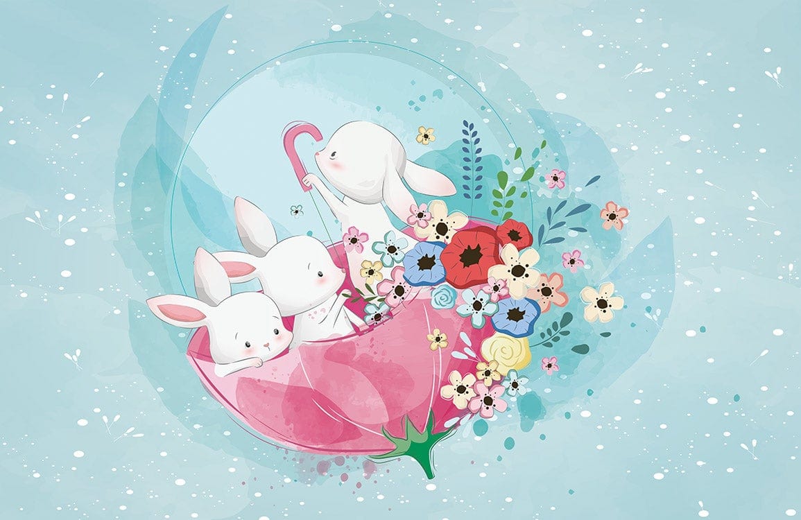 Whimsical Pastel Bunny Garden Mural Wallpaper with Floral Accents Design