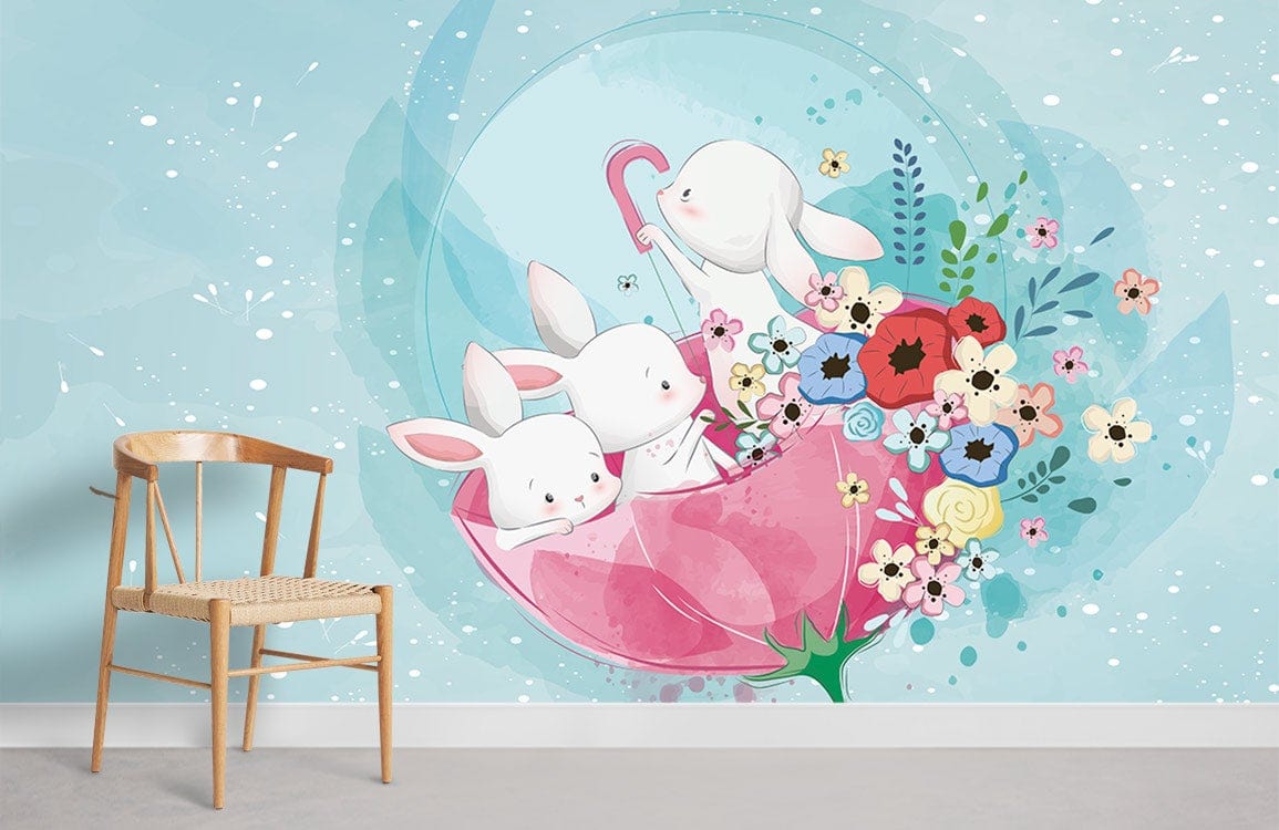 Whimsical bunny mural wallpaper, pastel floral accents, wooden chair, light-coloured flooring in a living room.
