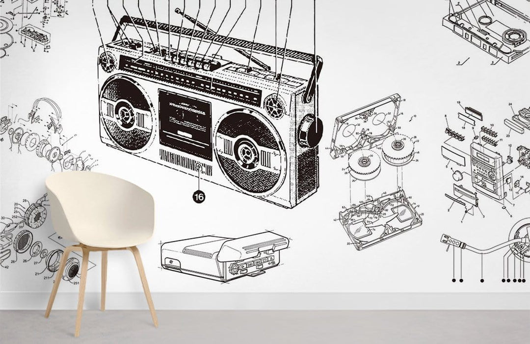 Monochrome vintage boombox mural wallpaper with minimalist white chair on grey flooring. Retro design element.