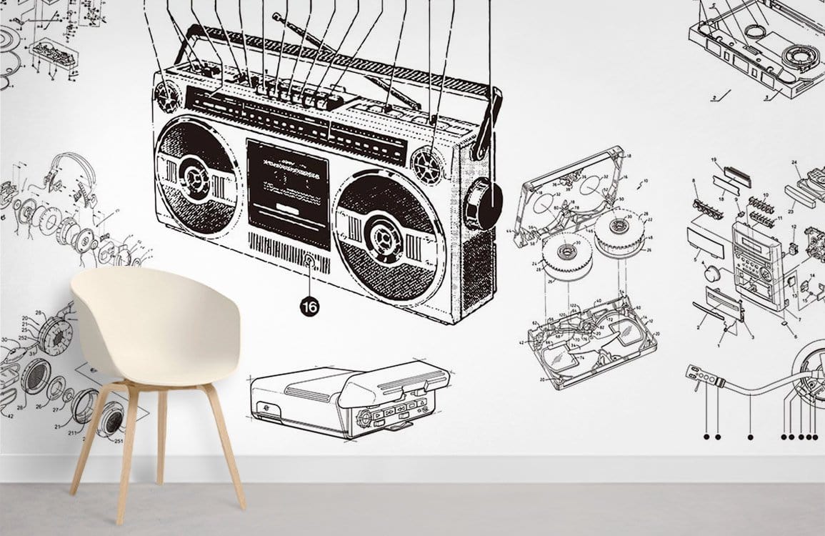 Monochrome vintage boombox mural wallpaper with minimalist white chair on grey flooring. Retro design element.