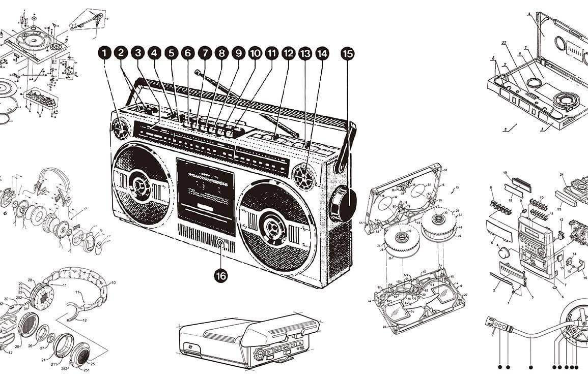 Retro Boombox Blueprint Mural Wallpaper in Monochrome Vintage Style Design