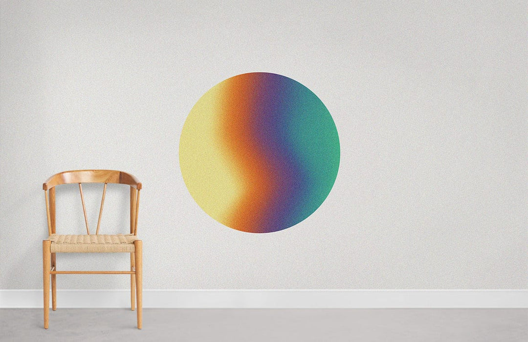 Modern chair, beige wall with colourful abstract circle art, grey flooring, minimalistic room design.