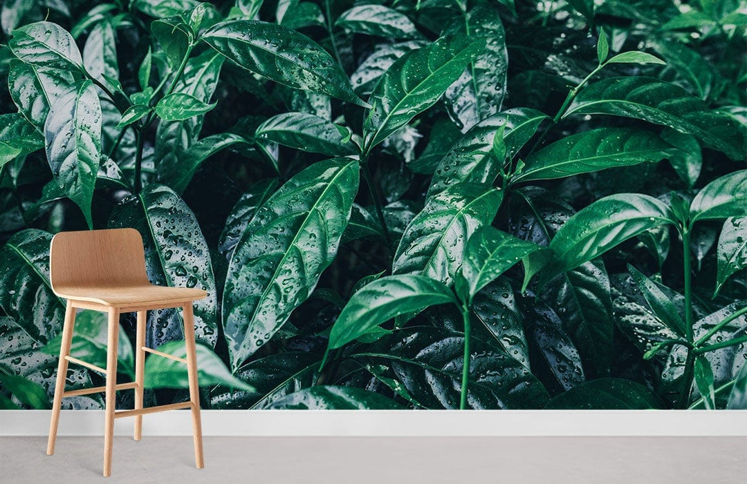 Luxurious green foliage wallpaper, light wooden chair, minimalistic home decor, elegant and refreshing room ambiance.