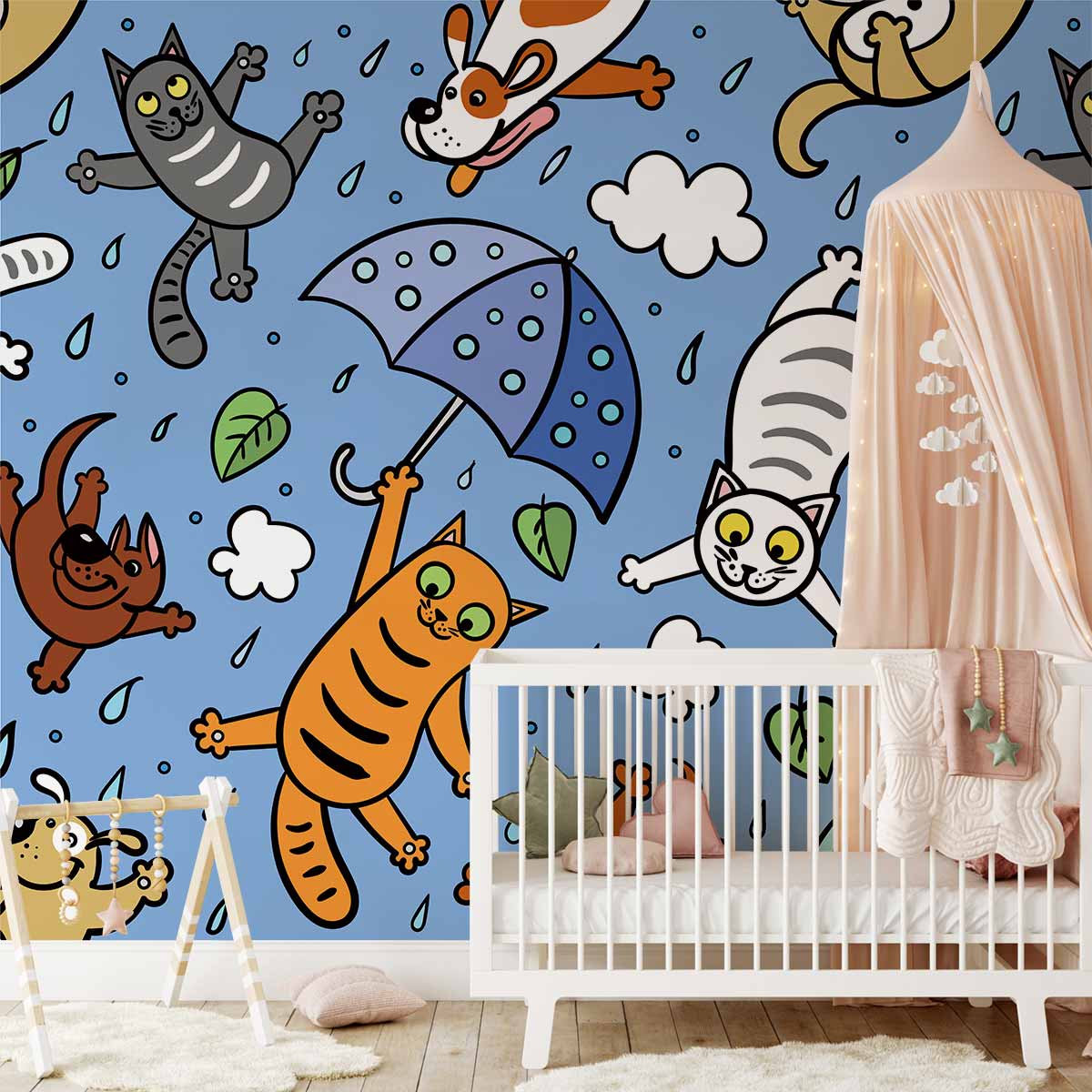 Playful cats and dogs wallpaper in blue for kids' rooms; features crib and pink canopy.