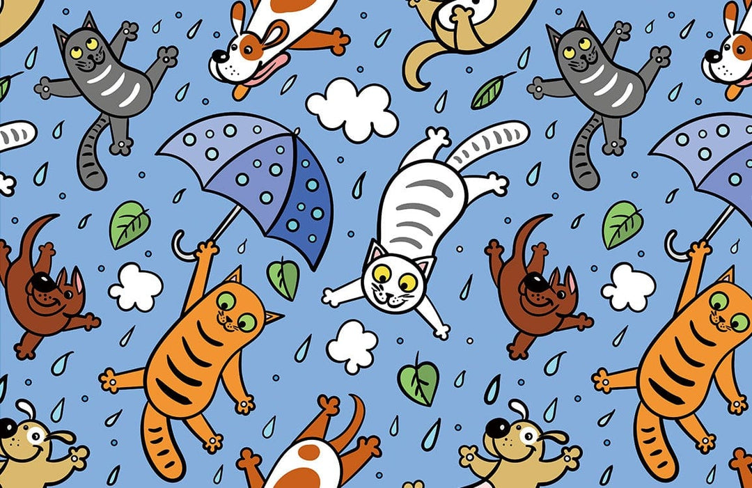 Playful Cats and Dogs Blue Cartoon Patterned Wallpaper for Kids' Rooms