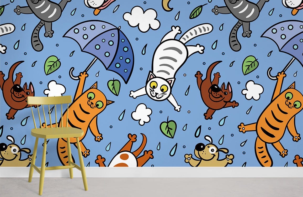 Playful Cats and Dogs Blue Wallpaper in children's room, featuring a yellow chair on light floor.