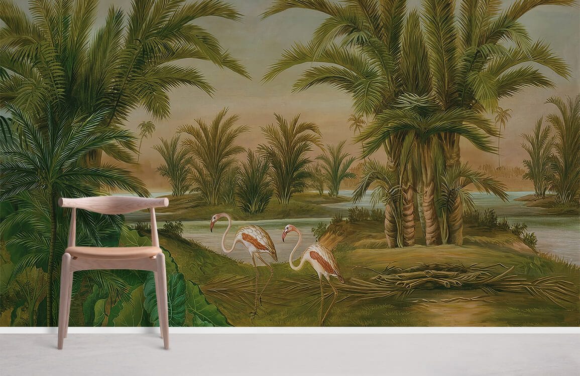 Tropical paradise mural with flamingos and palms; wooden chair; serene living room scene; elegant decor.