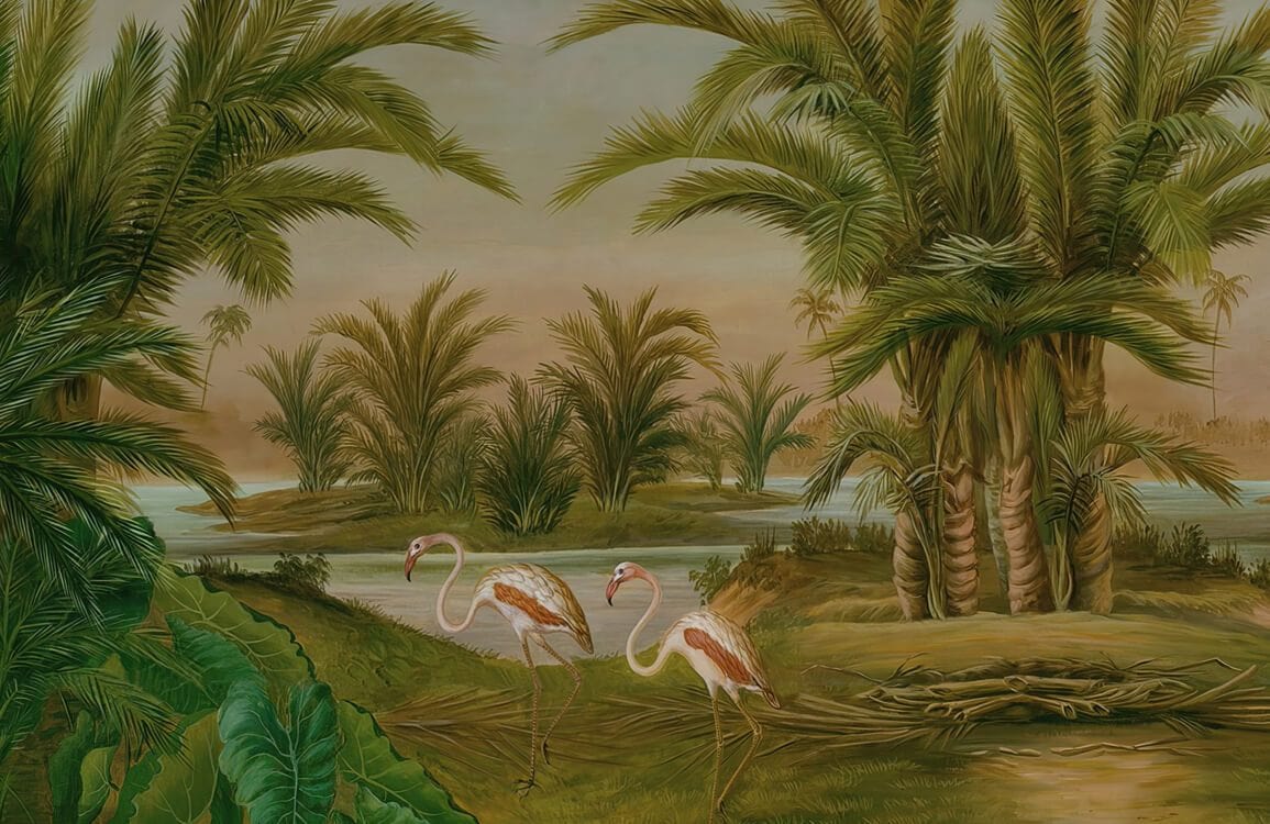 Tropical Flamingo Oasis Mural Wallpaper in Green and Earth Tones Design