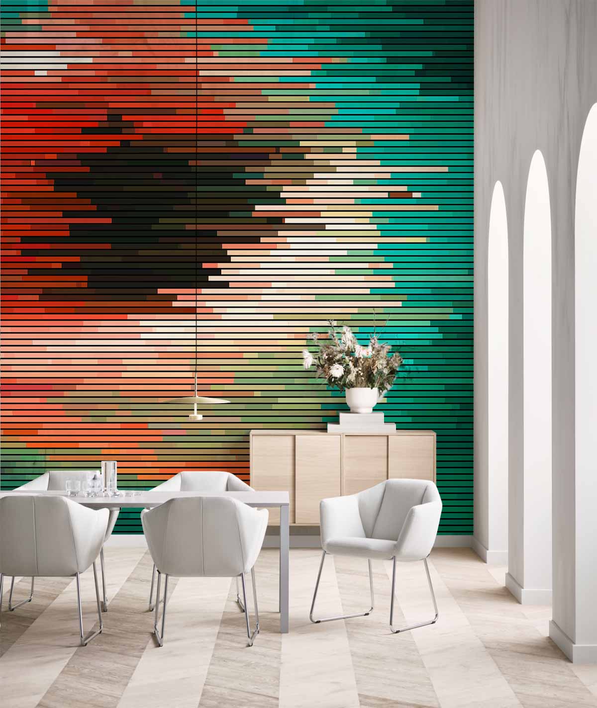 Vibrant abstract wallpaper in a modern dining room with white chairs and minimalist light wood flooring.