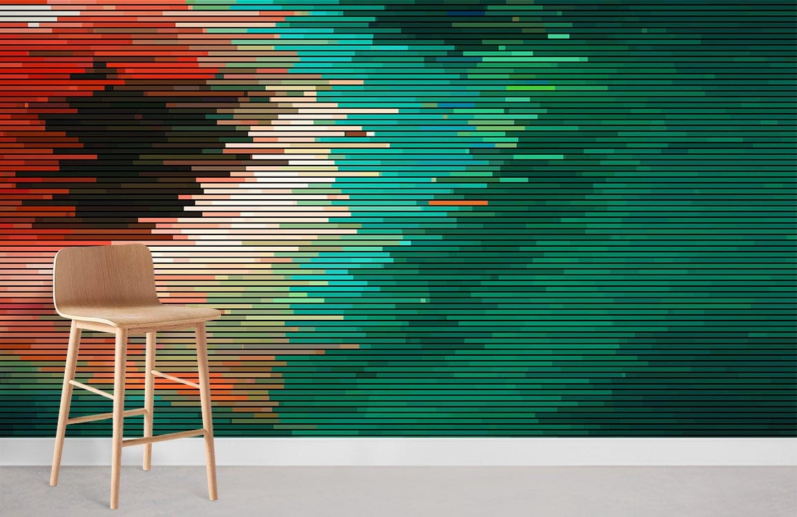 Vibrant abstract pixel art wallpaper with red, green optical illusion design, wooden bar stool, grey floor.