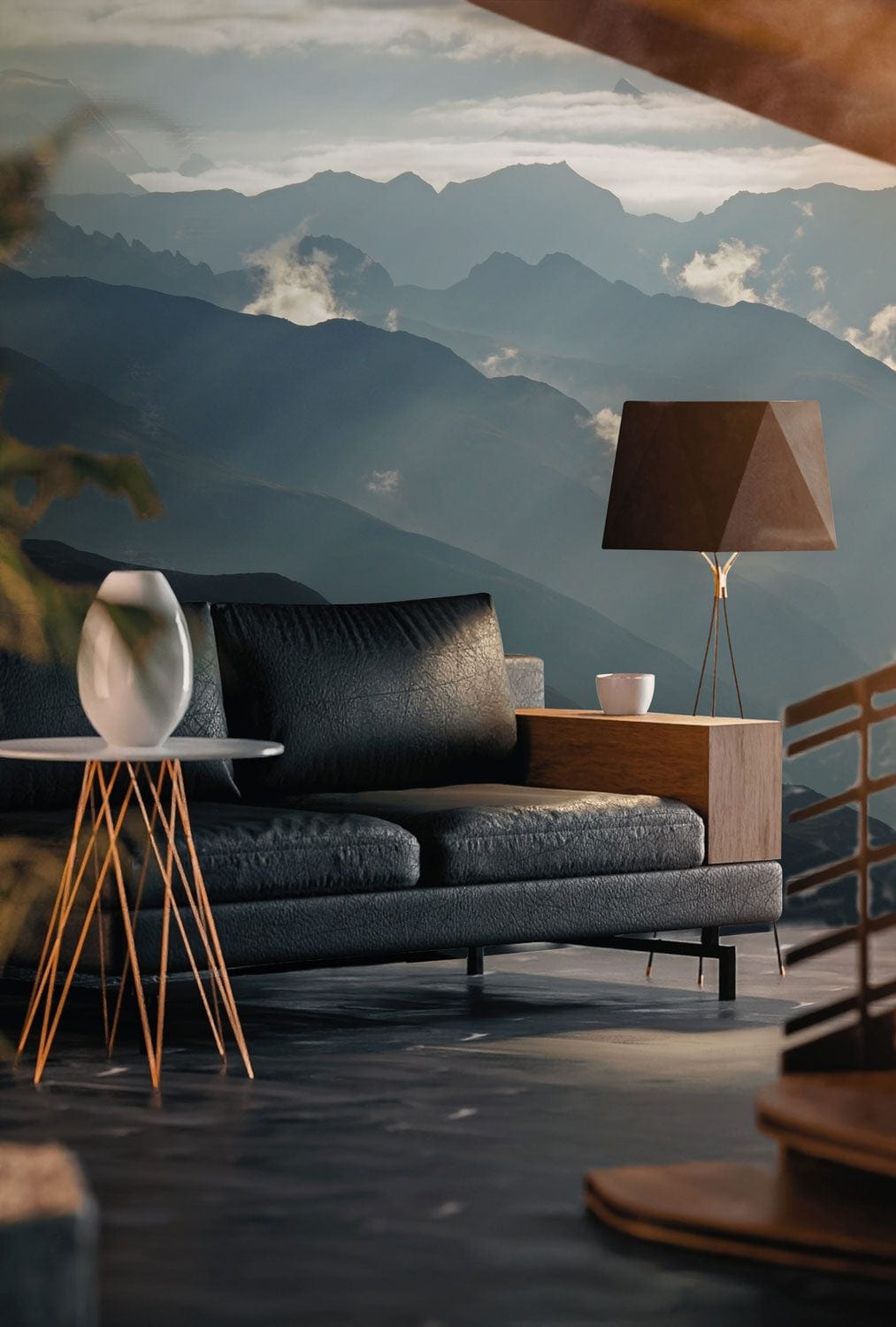 Serene Mountain Landscape mural in moody blue tones with dark sofa, modern lamp, and wooden flooring.
