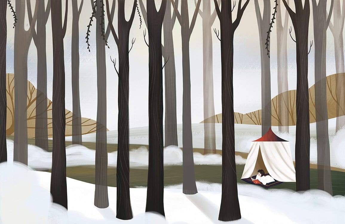 Winter Forest Retreat Mural Wallpaper with Tent Scene in Neutral Colours