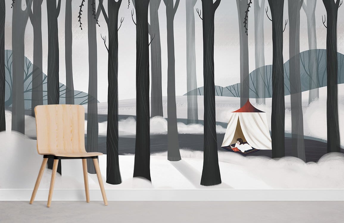 Wintry Forest Mural Wallpaper in grey woods, featuring cosy tent; wooden chair on grey floor.