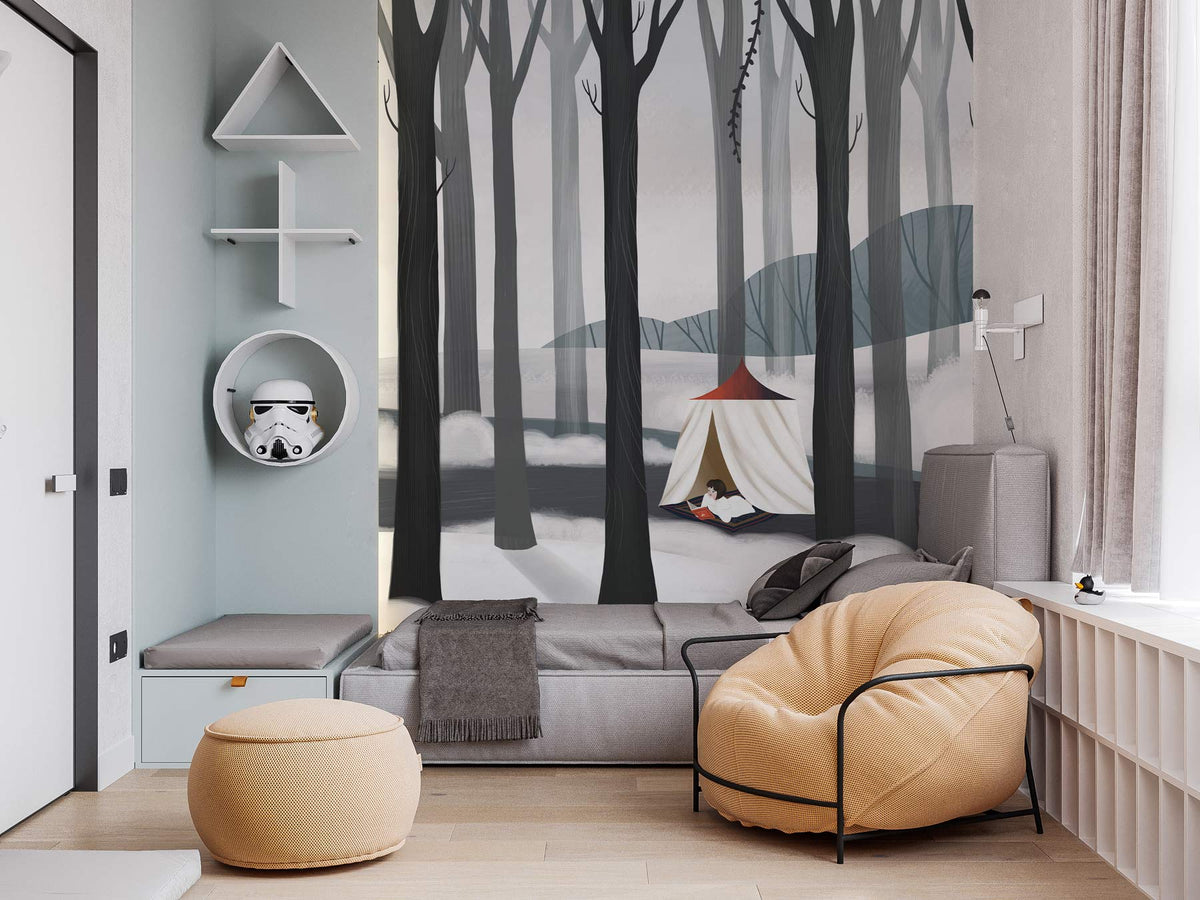 Cosy living room with Wintry Forest Mural Wallpaper, grey sofa, beige chair, light wood flooring.