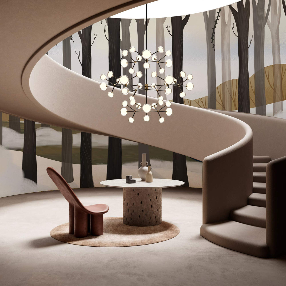 Winter Forest Retreat Mural Wallpaper with Tent Scene in neutral tones, featuring staircase and round table.