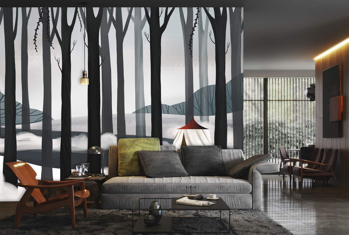 Wintry Forest Mural Wallpaper in grey woods, cosy tent, modern sofa, hardwood flooring, elegant living room.