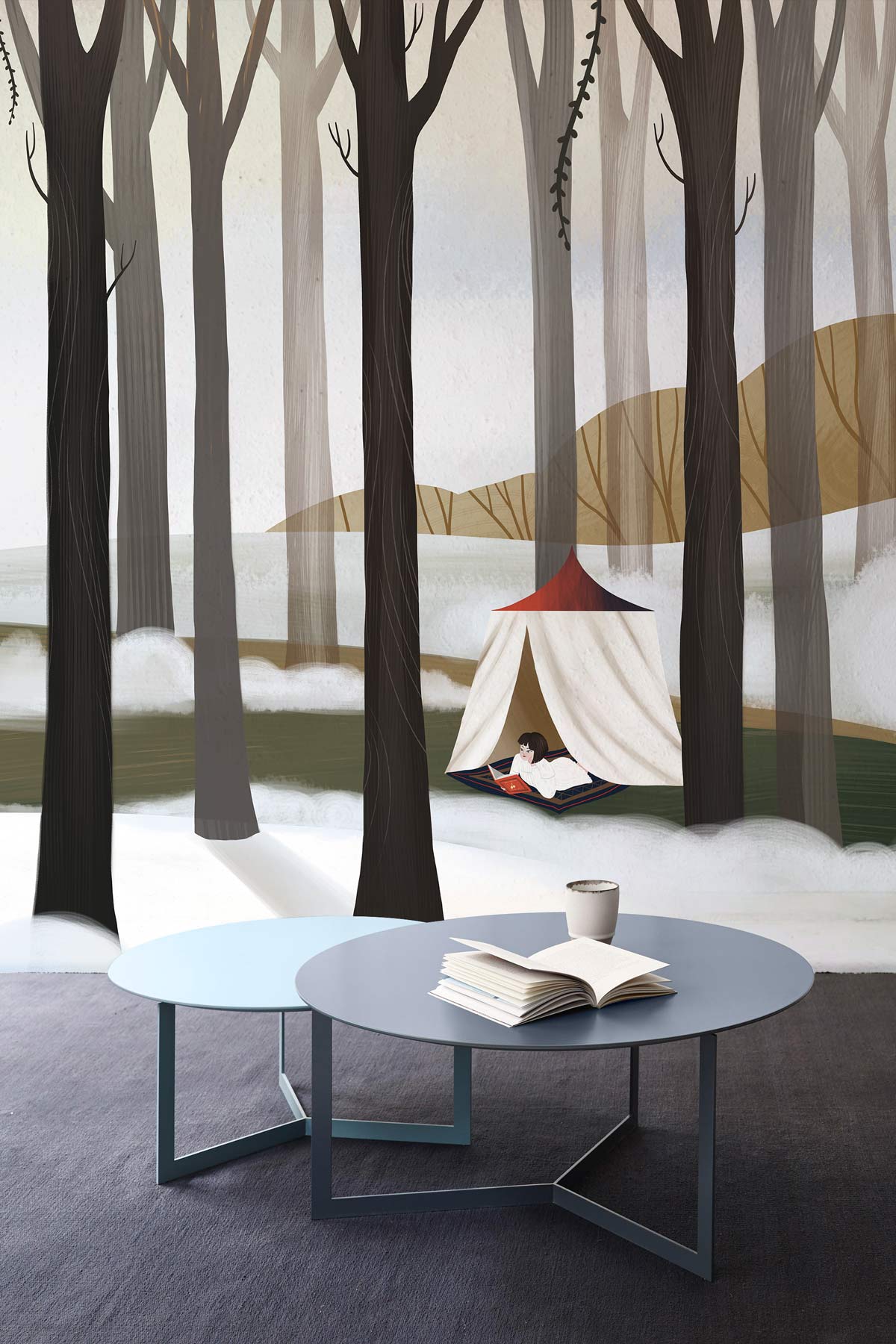 Winter Forest Retreat Mural Wallpaper, featuring a serene tent scene, neutral colours, blue round tables.