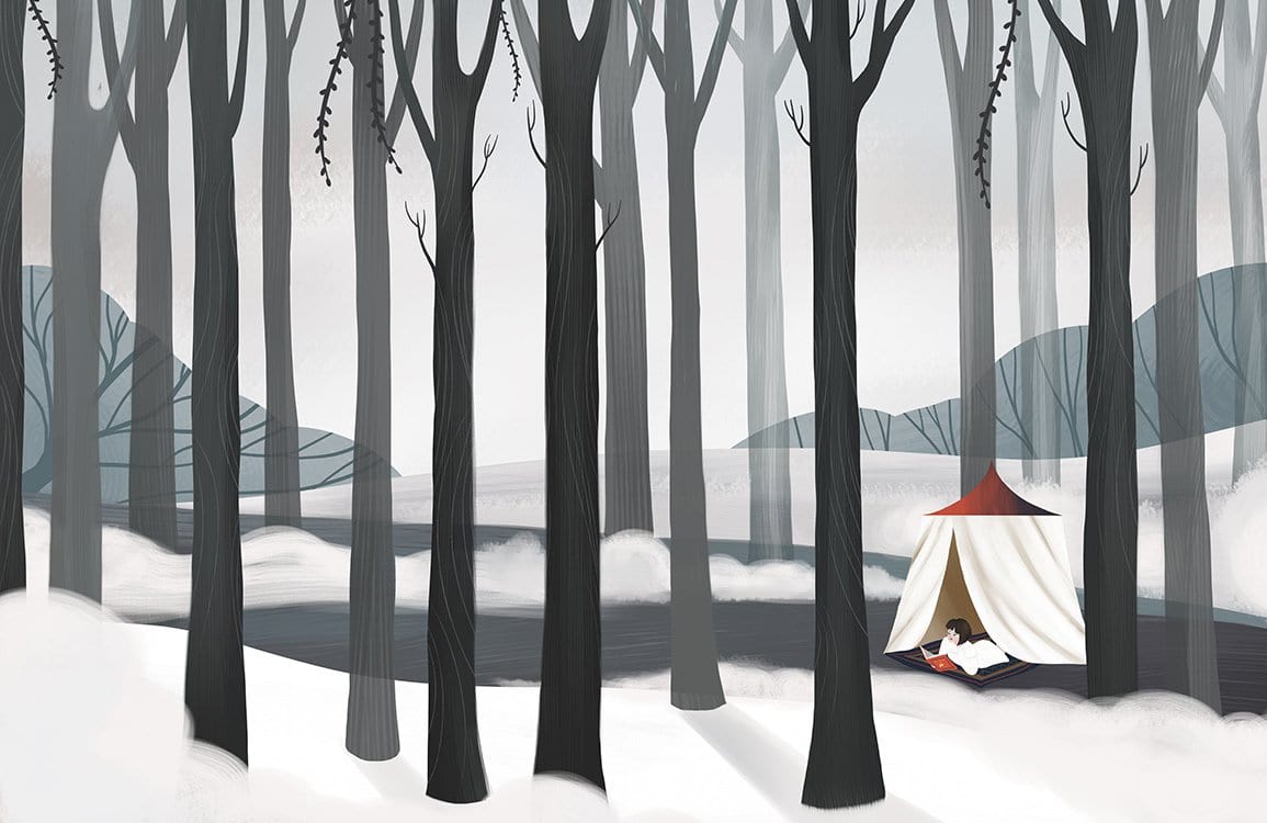 Wintry Forest Mural Wallpaper: Enchanting Grey Woods with Cosy Tent Retreat