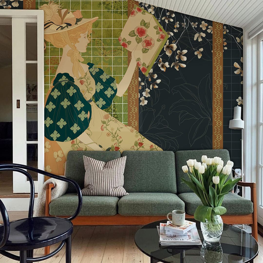 Vintage Lady Garden Floral Mural Wallpaper in Art Nouveau style, green sofa, wood flooring, floral decor.