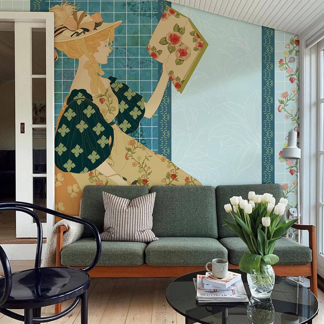 Vintage Floral Lady Wallpaper Mural with green sofa, glass table, tulips; pastel blue walls.