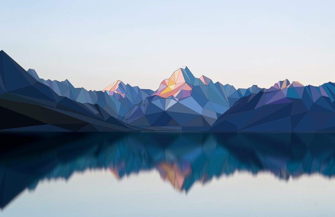 Geometric Mountain Landscape Mural Wallpaper in Tranquil Blue Tones.