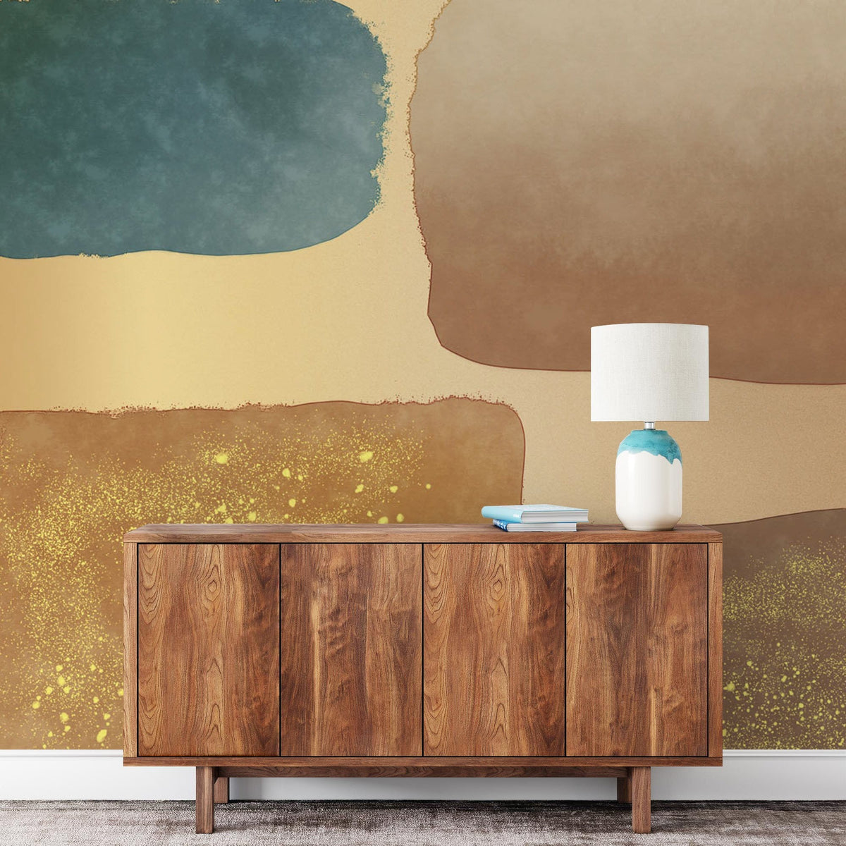 Abstract Earthy Tones wallpaper, golden highlights, wooden sideboard, white lampshade, modern art style.