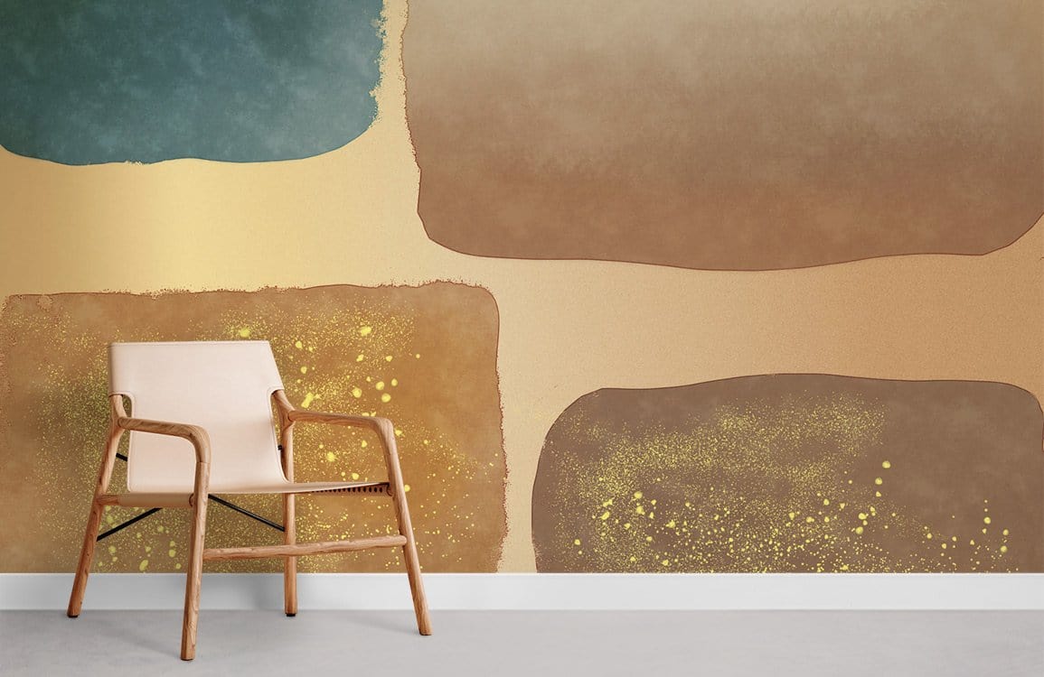 Abstract Earthy Tones Wallpaper with Golden Highlights, beige chair, grey floor, contemporary room design
