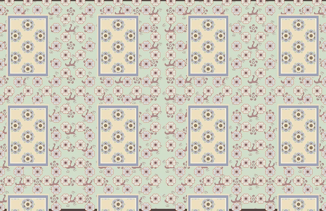 Vintage Floral Geometric Wallpaper in Soft Green and Cream Tones