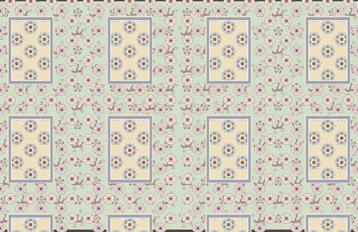 Vintage Floral Geometric Wallpaper in Soft Green and Cream Tones