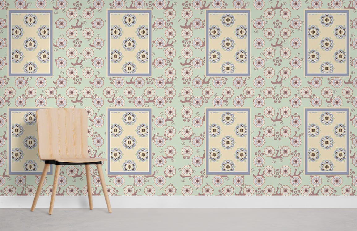 Vintage floral geometric wallpaper in soft green and cream tones, modern chair, grey flooring.