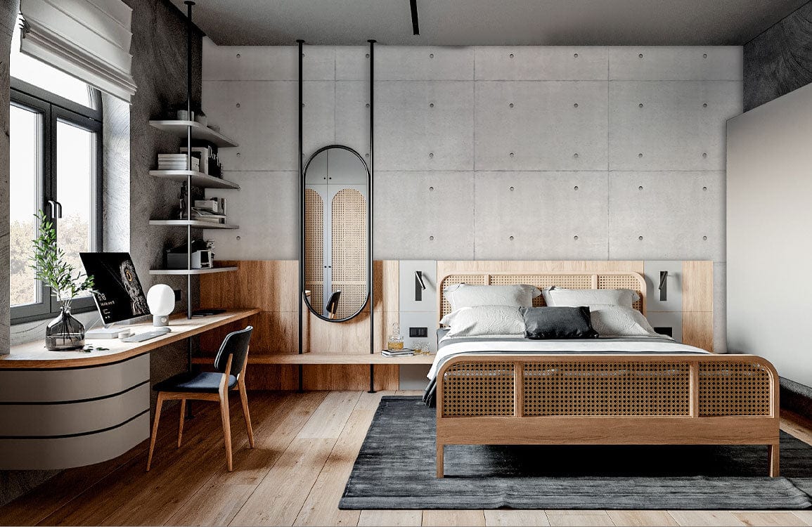Industrial grey concrete texture wallpaper in modern bedroom with wooden furniture, grey rug, large windows.