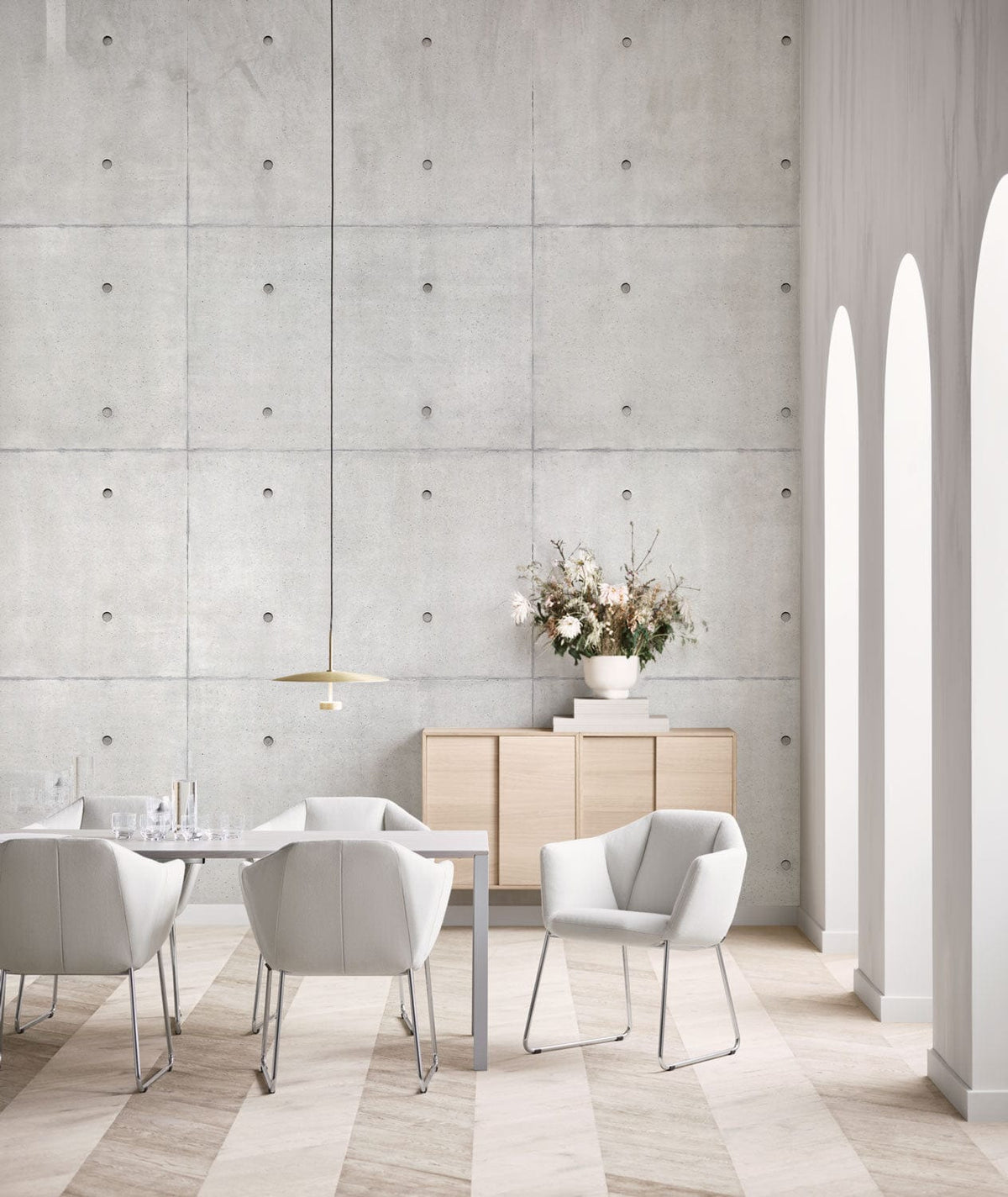 Industrial grey concrete texture wallpaper, modern dining room, white chairs, light wood flooring, contemporary decor.