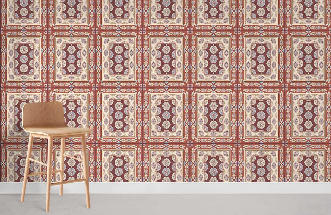 Vintage geometric red beige wallpaper in traditional interior with wooden bar stool and neutral flooring.