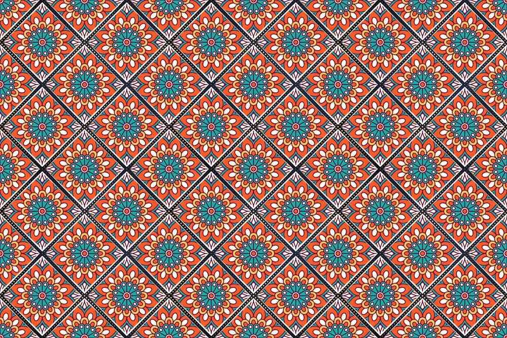 Vibrant Orange and Teal Geometric Mandala Pattern Wallpaper for Stylish Interiors
