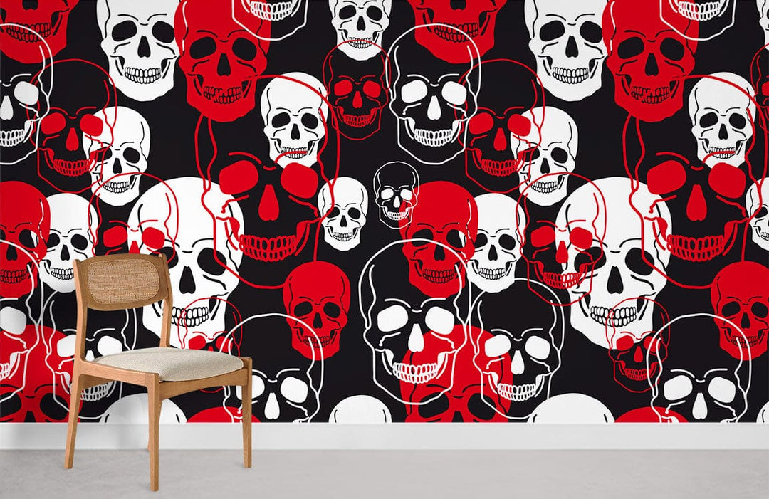 Vibrant red, black, white skull pattern wallpaper; bold Gothic design; wooden chair; grey flooring.