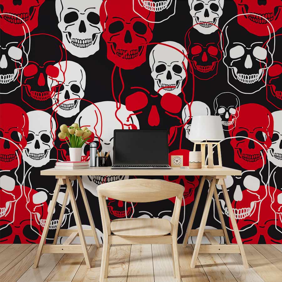 Vibrant red black white skull wallpaper in home office setting, wooden desk, chair, modern gothic theme.