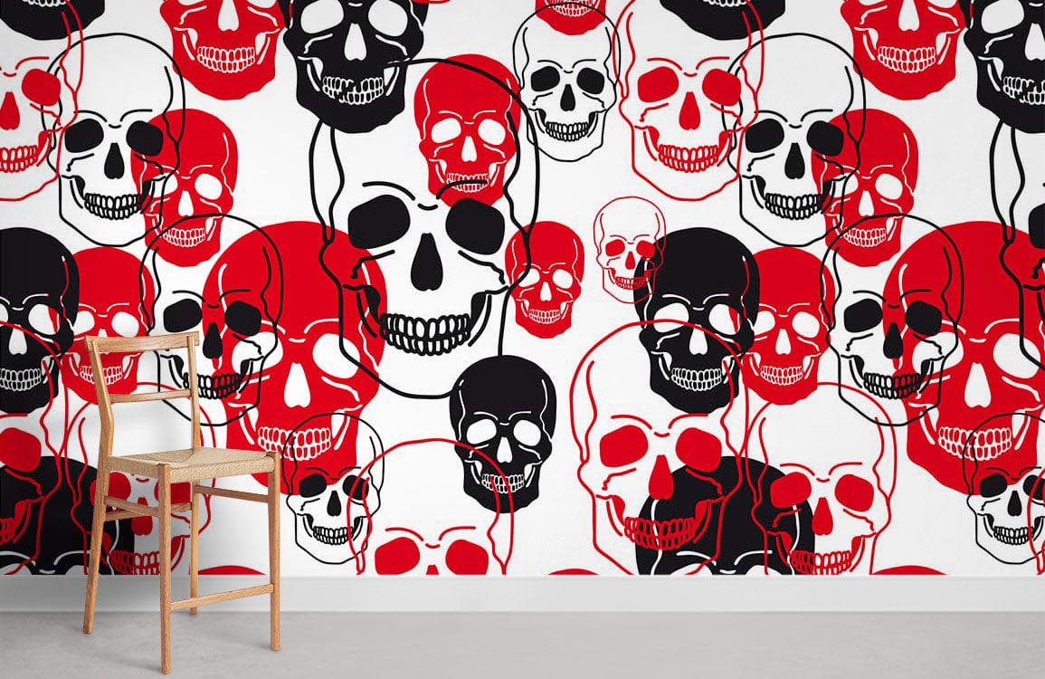 Bold red and black skull pattern wallpaper for modern interiors, with wooden chair on grey floor.