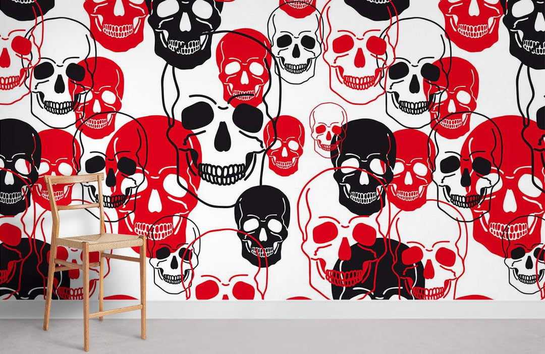 Bold red and black skull pattern wallpaper for modern interiors, with wooden chair on grey floor.