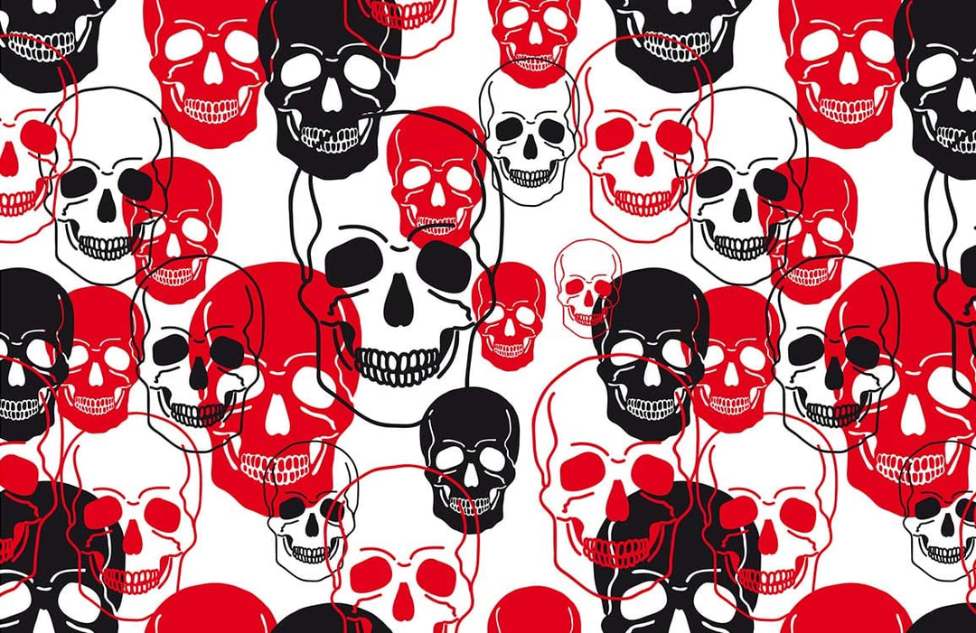Bold Red and Black Skull Pattern Graphic Wallpaper for Modern Interiors