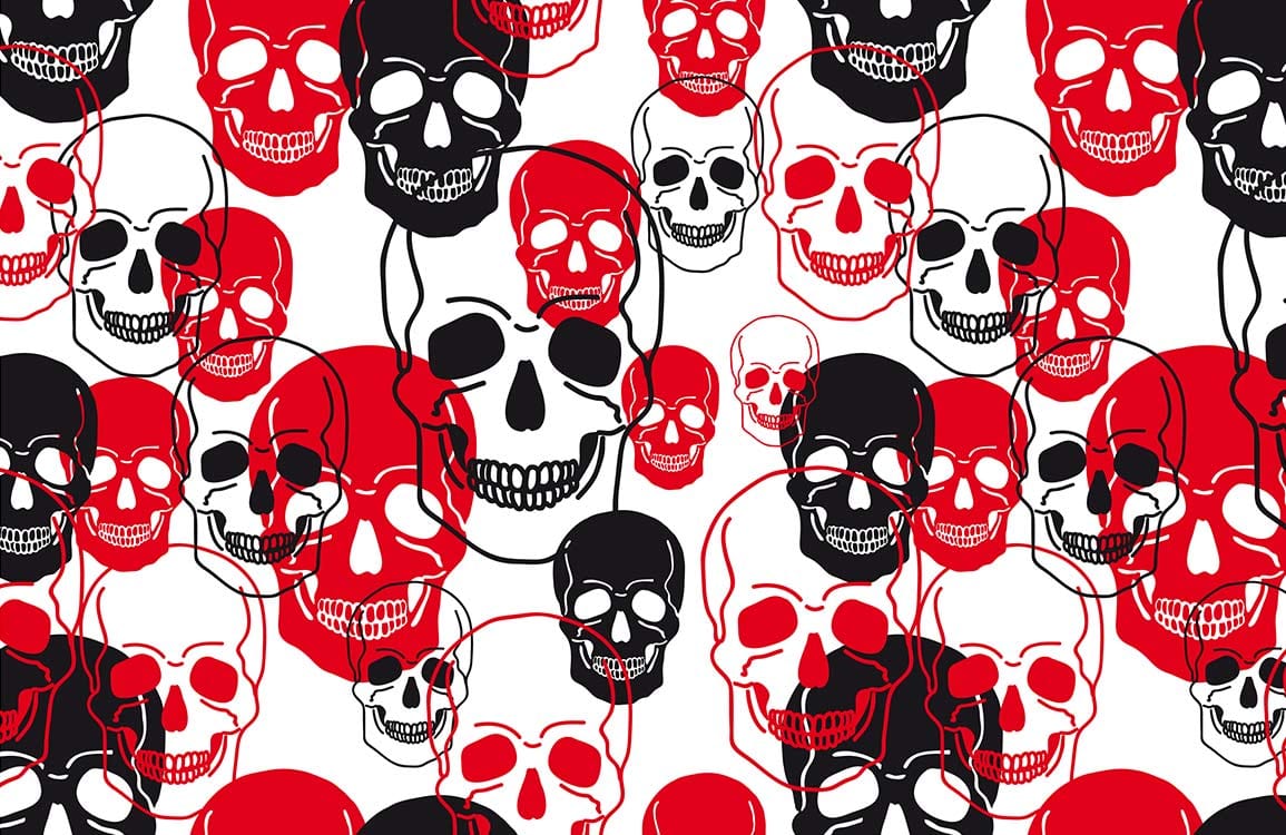 Bold Red and Black Skull Pattern Graphic Wallpaper for Modern Interiors
